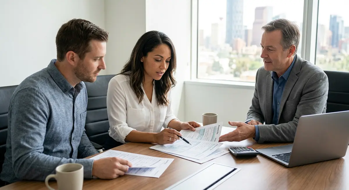 Calgary homeowner reviewing tax documents and second mortgage paperwork with a financial advisor
