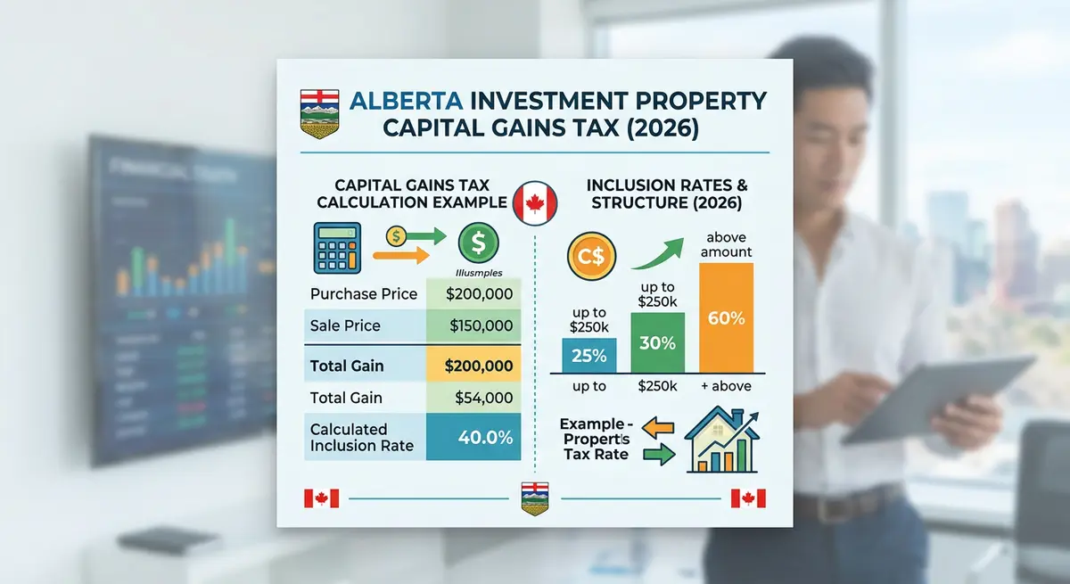 Chart showing capital gains tax calculation and inclusion rates for Alberta investment properties in 2026