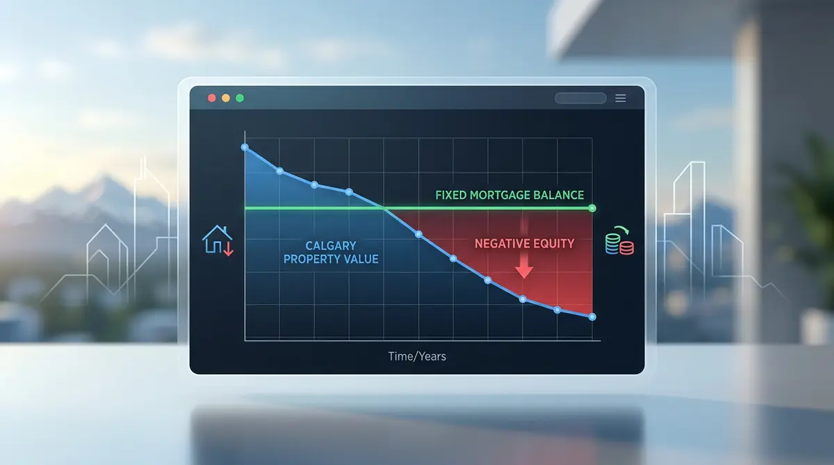 Graph showing the intersection of declining Calgary property values and fixed combined mortgage balances resulting in negative equity