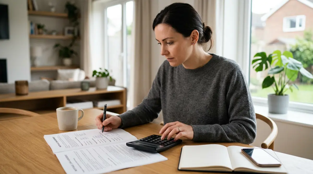 Homeowner reviewing mortgage documents and calculating loan-to-value ratios on a calculator