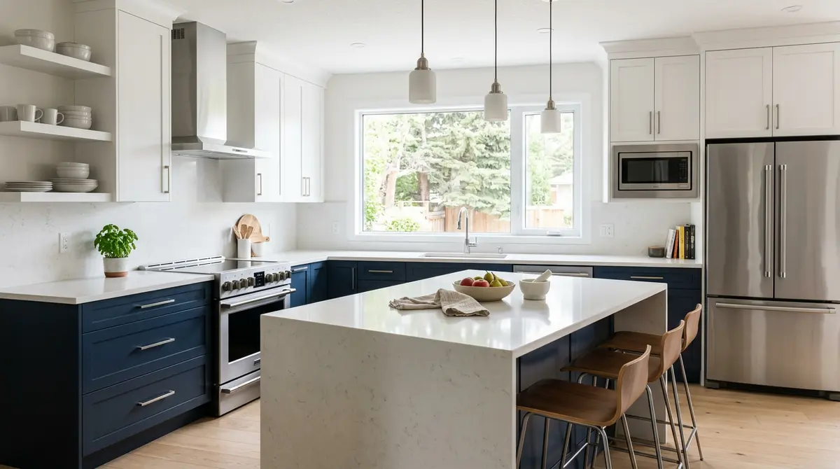 A modern, newly renovated kitchen in a Calgary home featuring energy-efficient appliances and stone countertops