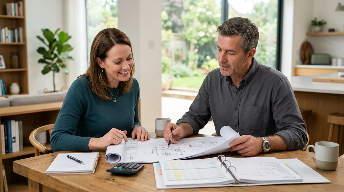 A homeowner and a licensed contractor reviewing architectural blueprints and budget documents at a dining table