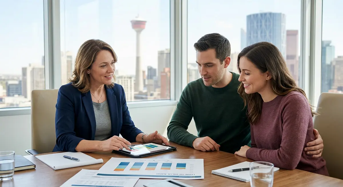 A financial advisor explaining loan-to-value ratios and equity charts to a Calgary couple