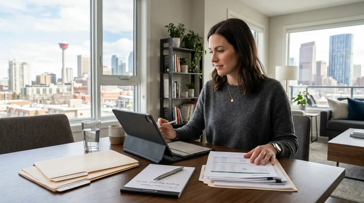 A Calgary homeowner reviewing financial documents and calculating loan-to-value ratios on a tablet