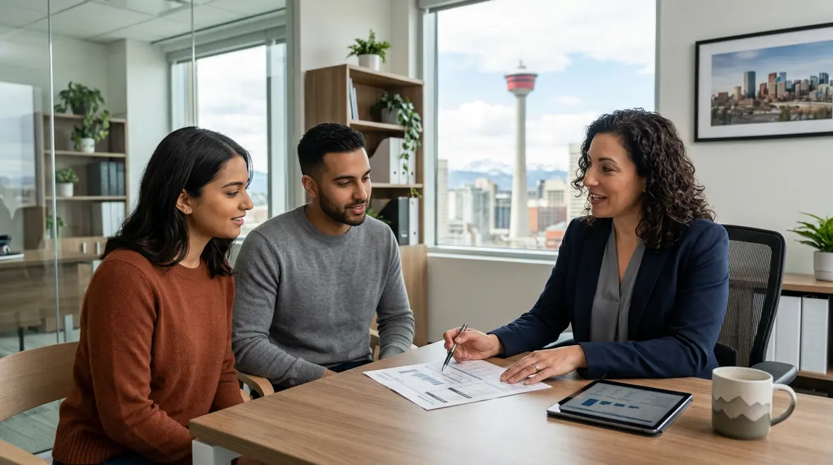 A professional mortgage broker explaining loan terms to a Calgary couple in a modern office