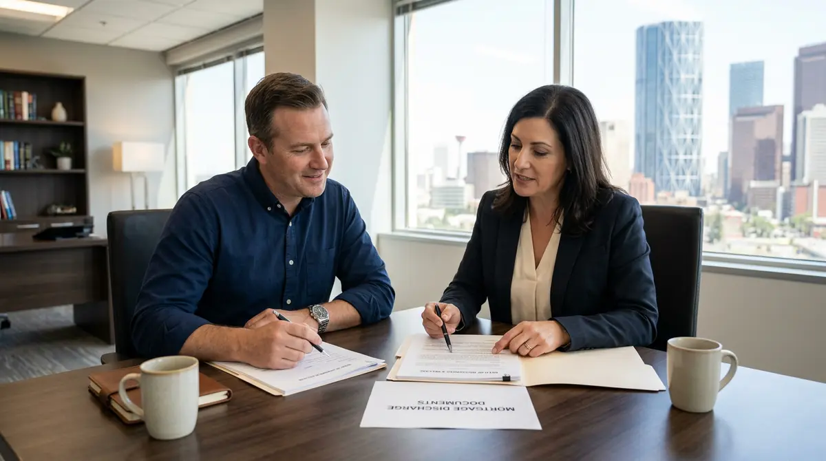 A Calgary homeowner reviewing mortgage discharge documents with a real estate attorney