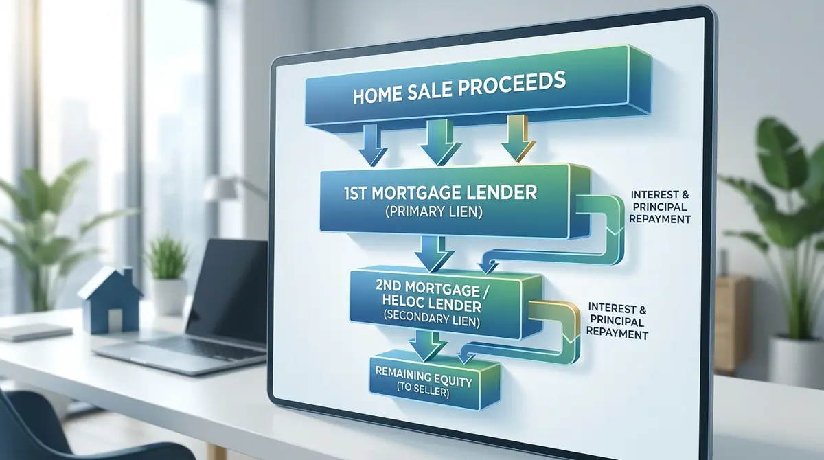 A financial chart showing the hierarchy of primary and secondary mortgage payouts during a property sale