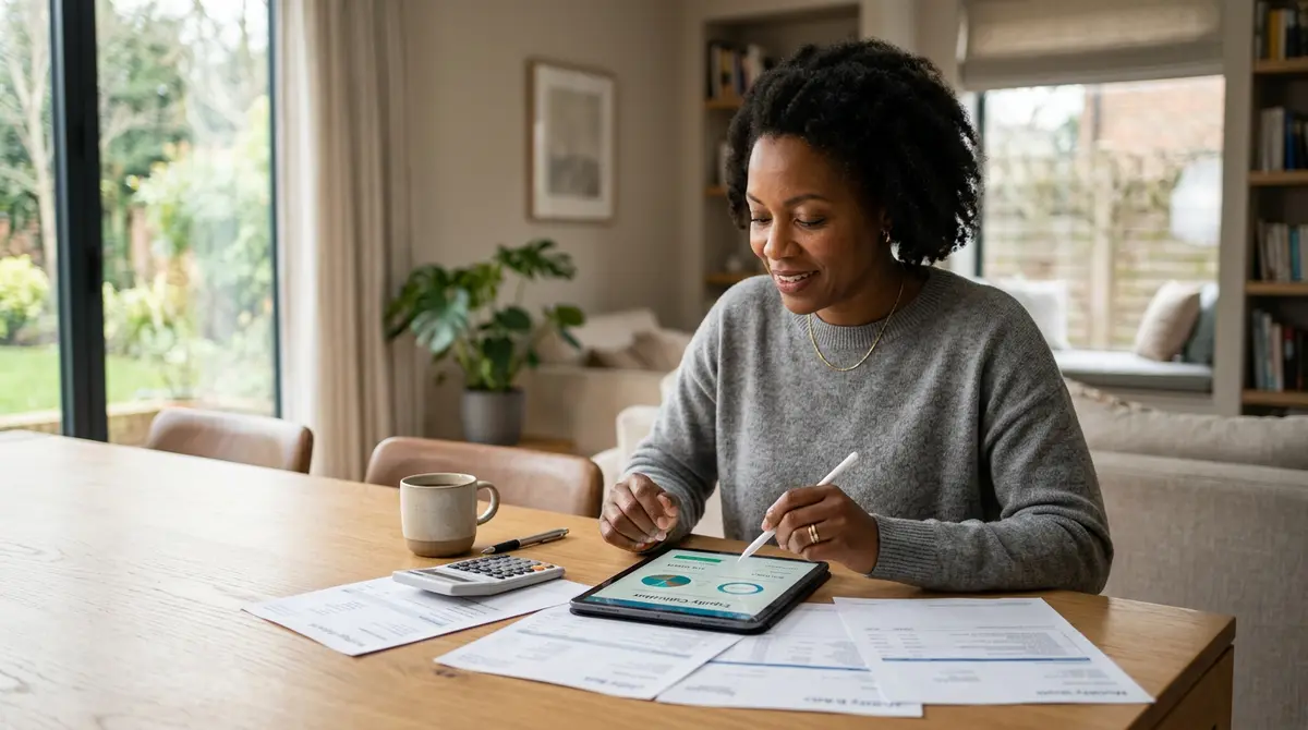 A homeowner reviewing financial documents and calculating their property equity on a tablet