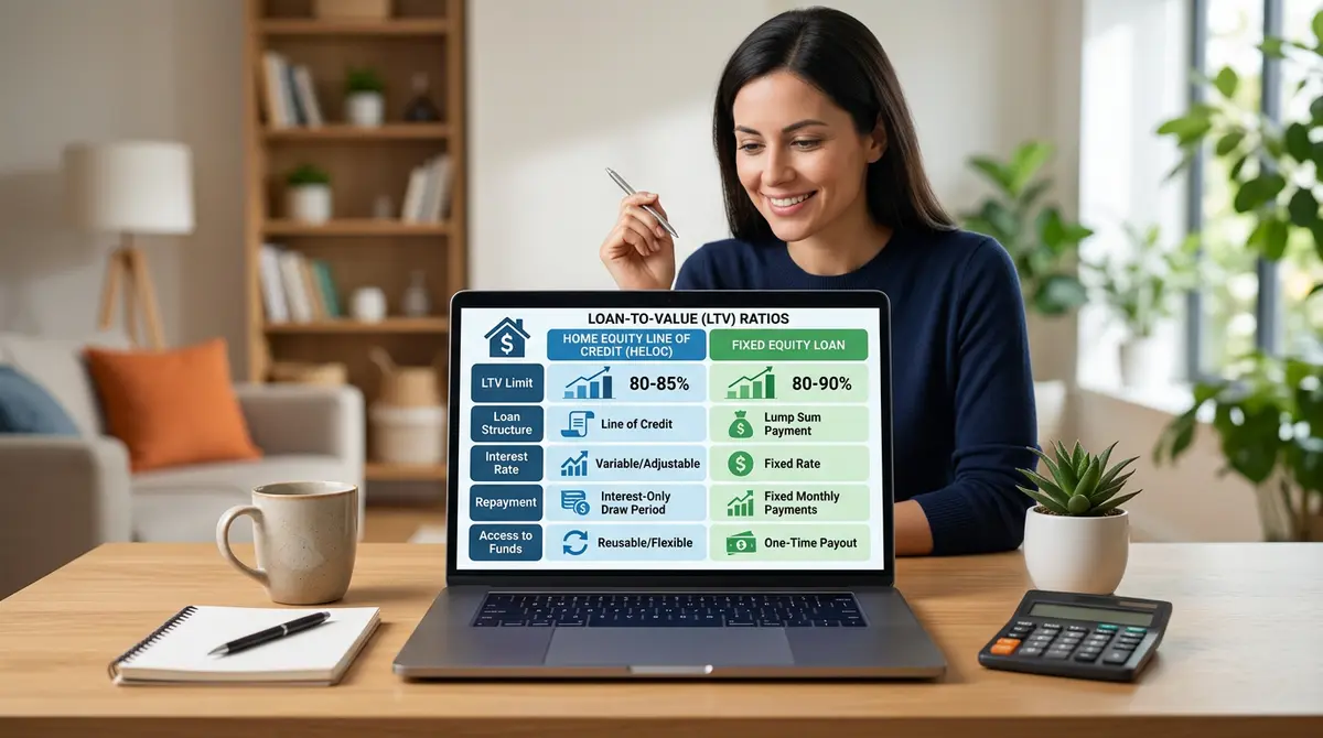 A comparison chart showing the differences between HELOCs and fixed equity loans based on loan-to-value ratios