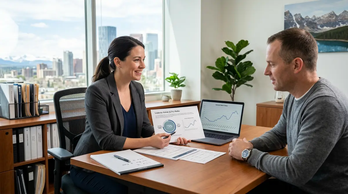 A mortgage broker explaining loan-to-value ratios and interest rates to a Calgary homeowner