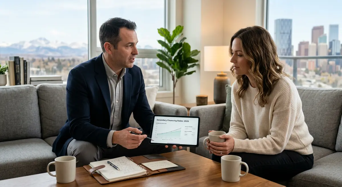 A financial advisor discussing secondary financing rates with a Calgary homeowner in 2026