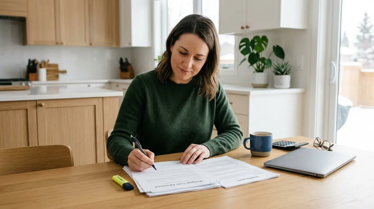 A Calgary homeowner reviewing loan documents and hidden fees at a kitchen table