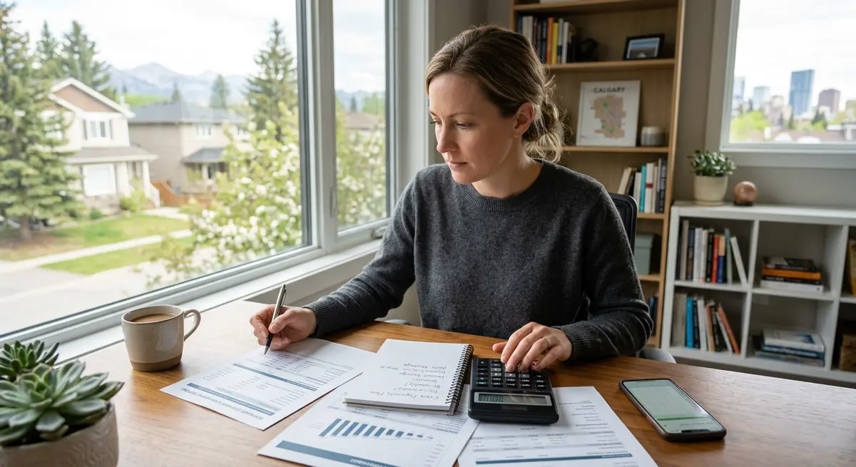 A Calgary homeowner reviewing mortgage documents and a calculator to plan early repayment strategies