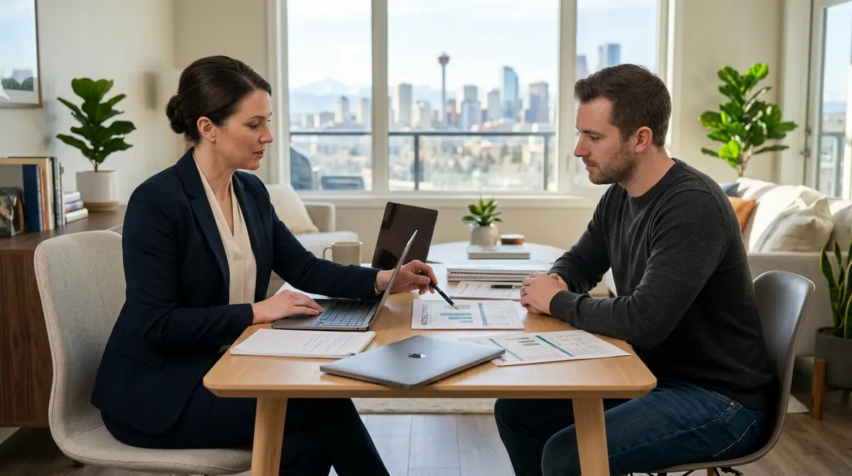 A professional mortgage advisor consulting with a Calgary homeowner about foreclosure prevention and equity building