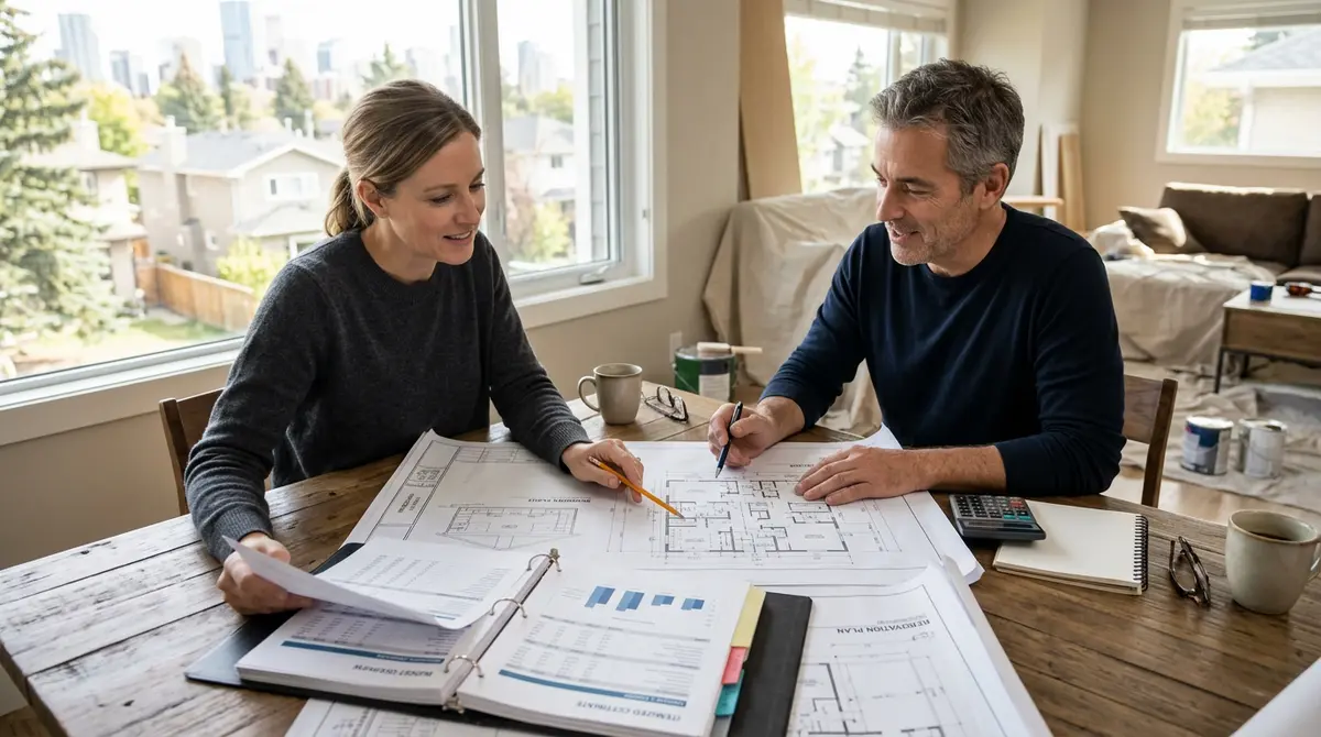 Calgary homeowner reviewing architectural blueprints and financial documents for a home renovation project