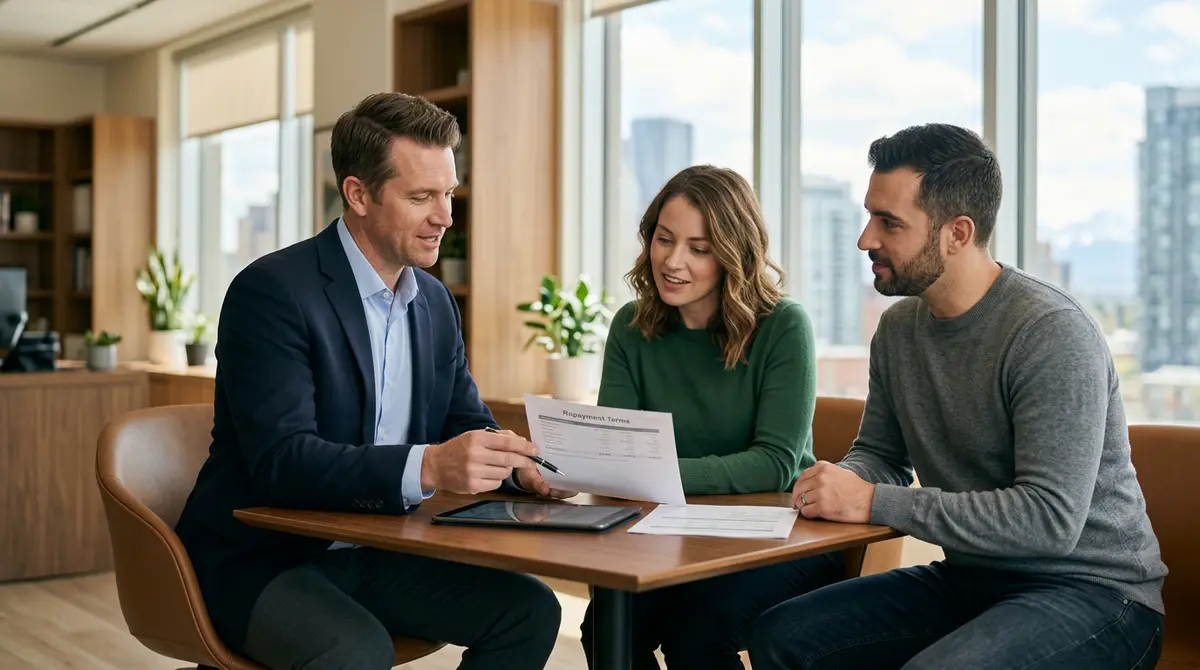 Financial advisor explaining home equity loan repayment terms to a Calgary couple