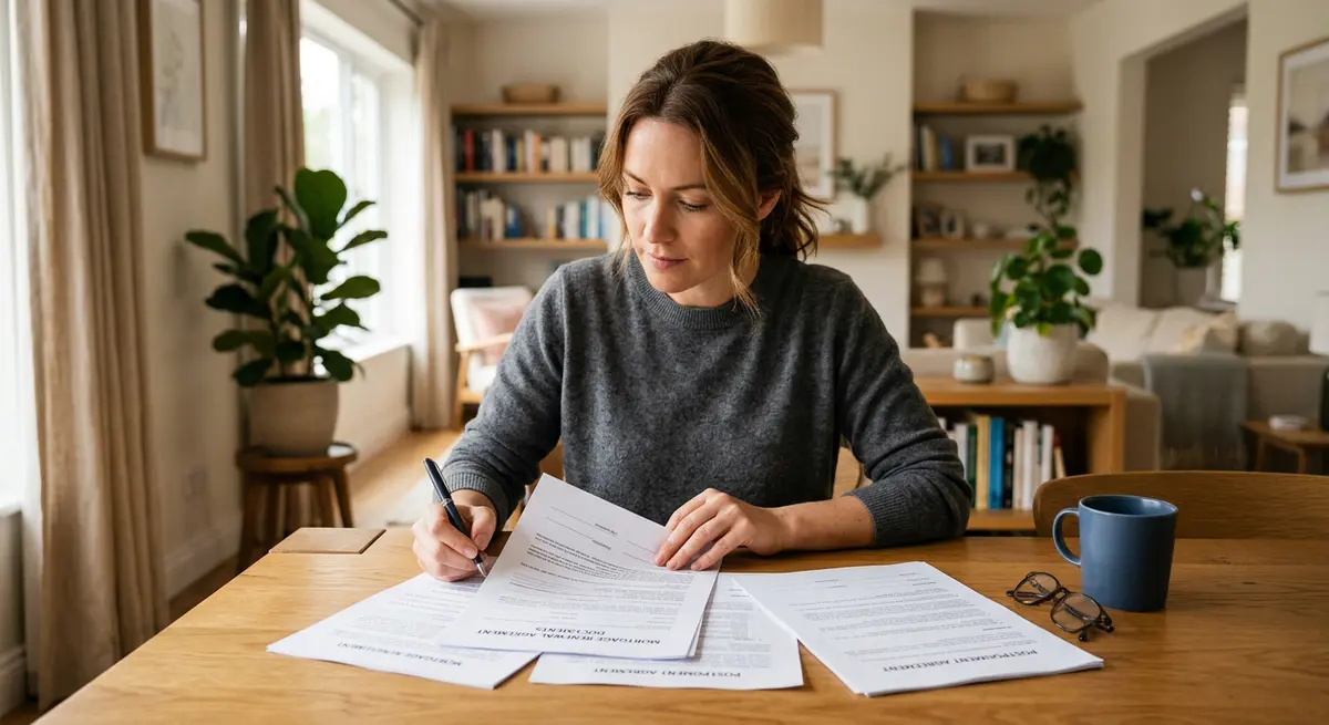 A homeowner reviewing mortgage renewal documents and postponement agreements at a dining table