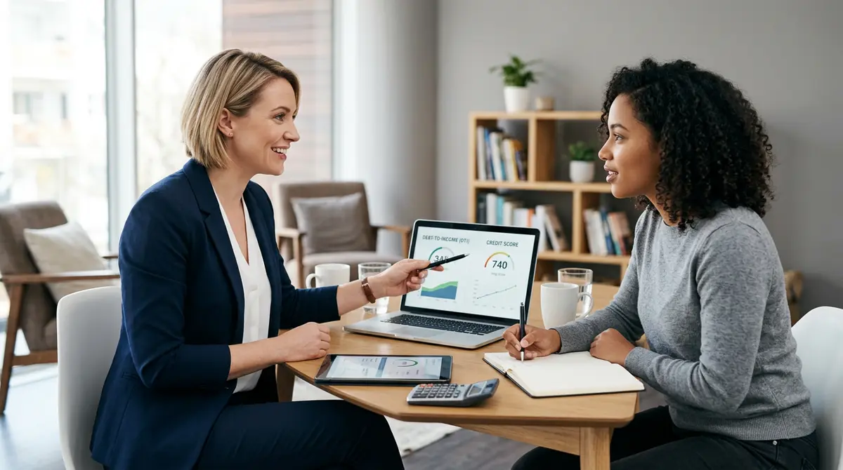 A financial advisor explaining debt-to-income ratios and credit scores to a homeowner