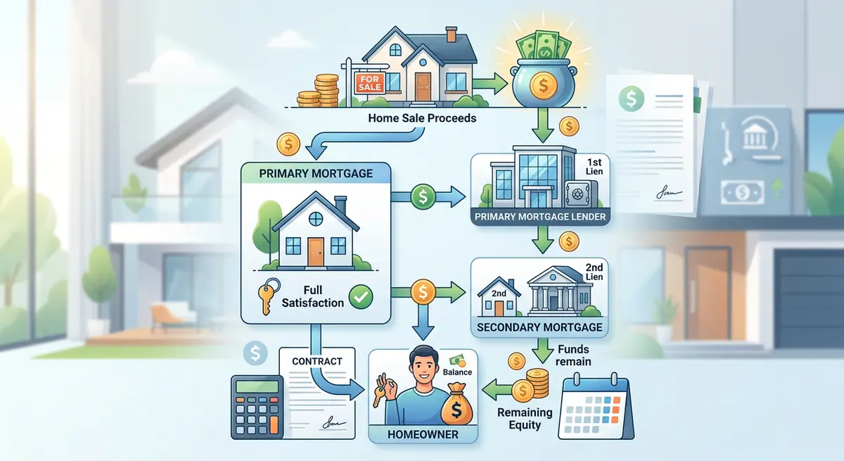 Chart showing the payment hierarchy of primary and secondary mortgages during a home sale