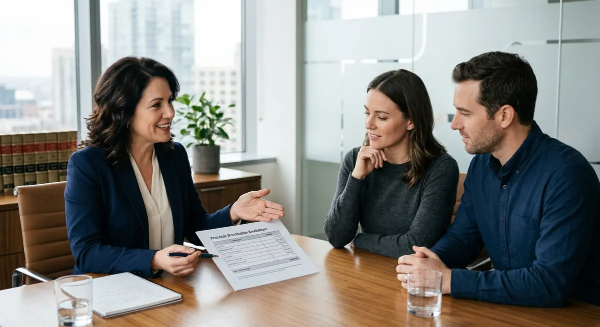 Real estate lawyer explaining the distribution of sale proceeds to a client