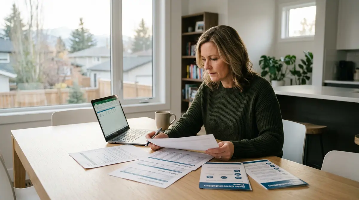 Calgary homeowner reviewing financial documents and debt consolidation plans at a dining table
