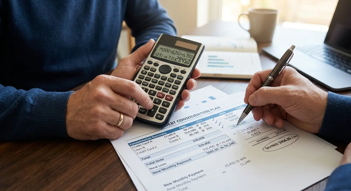 Close up of a calculator, pen, and financial statements showing debt consolidation calculations