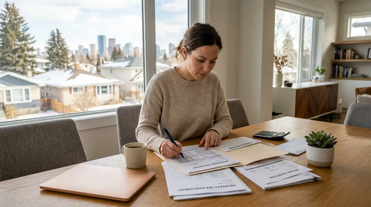 A Calgary homeowner reviewing tax documents and mortgage statements at a dining table