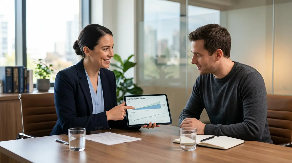 A financial advisor explaining mortgage interest deductibility to a client using a tablet