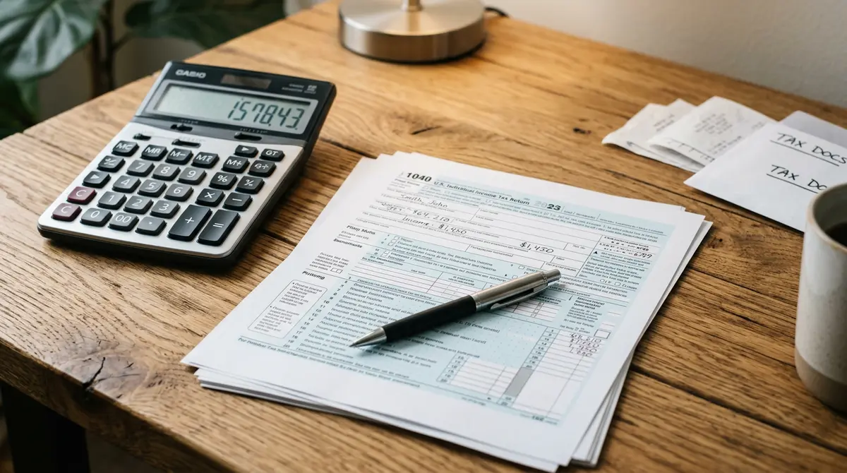 Close up of a calculator, tax forms, and a pen resting on a wooden desk