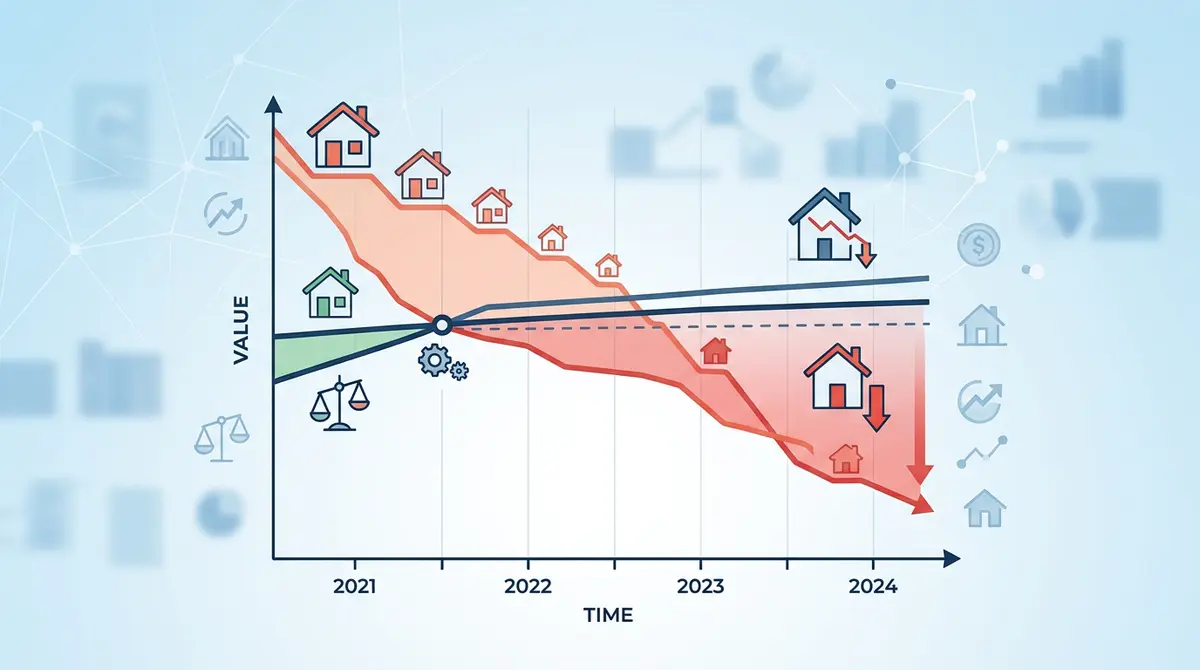 A financial chart illustrating the intersection of declining property values and static mortgage debt, resulting in negative equity.