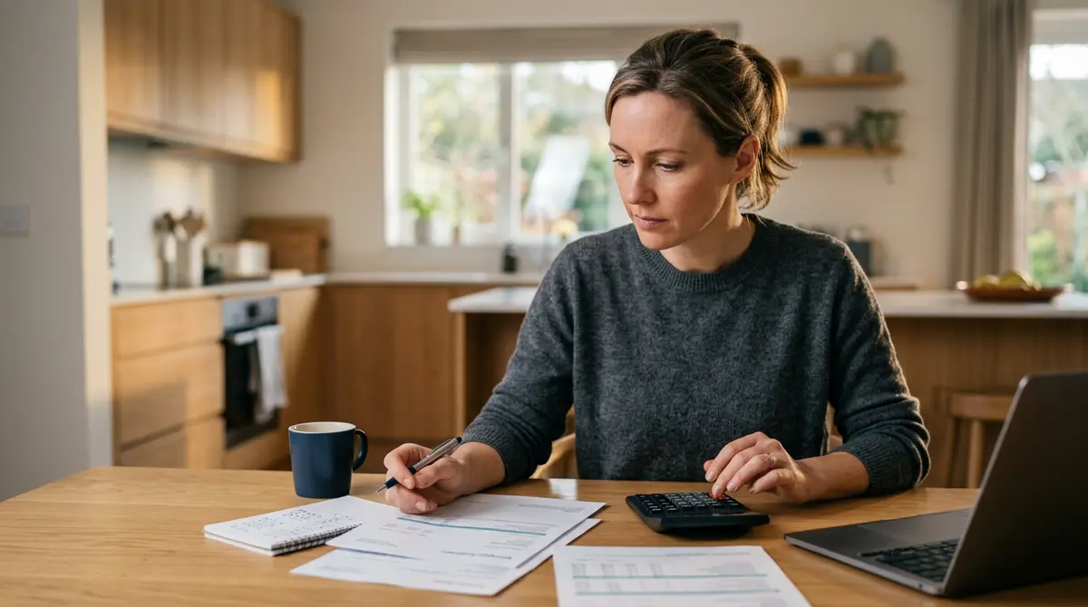 A homeowner reviewing financial documents and mortgage statements at a kitchen table, planning a debt restructuring strategy.