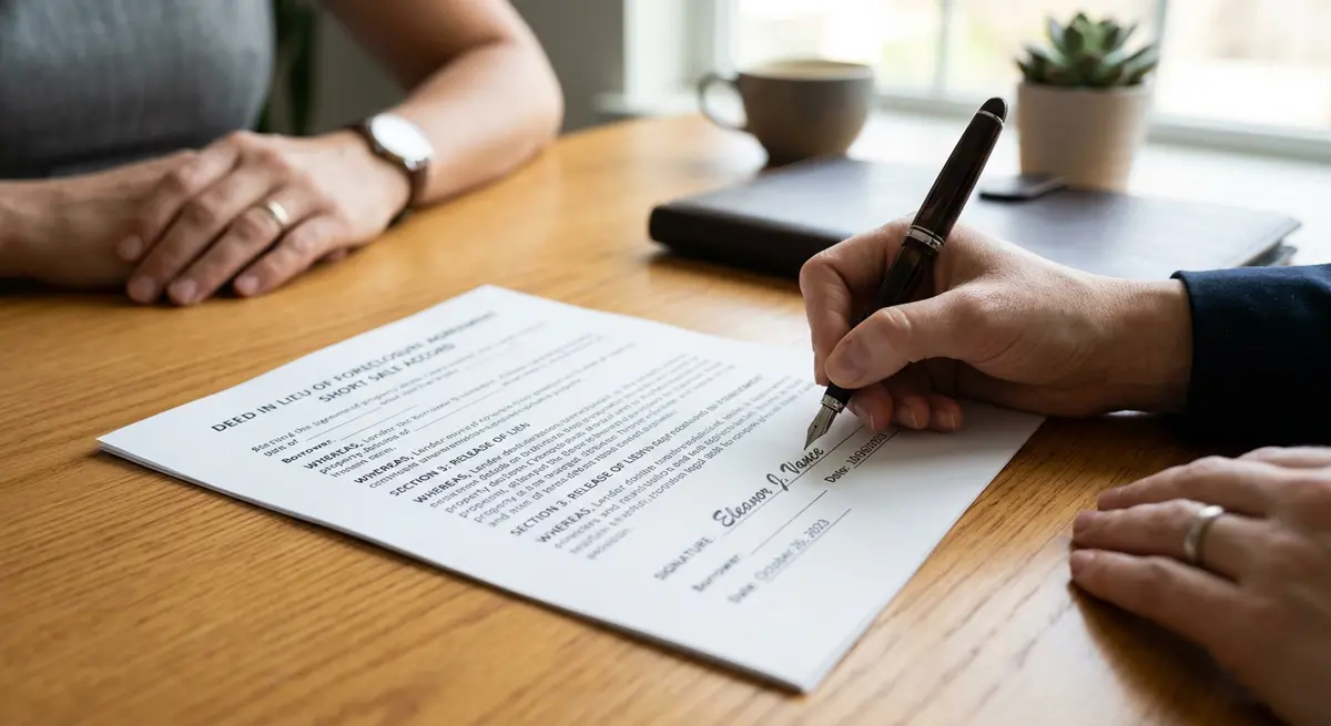 A close-up of a legal contract being signed, representing a deed-in-lieu or short sale agreement to resolve negative equity.