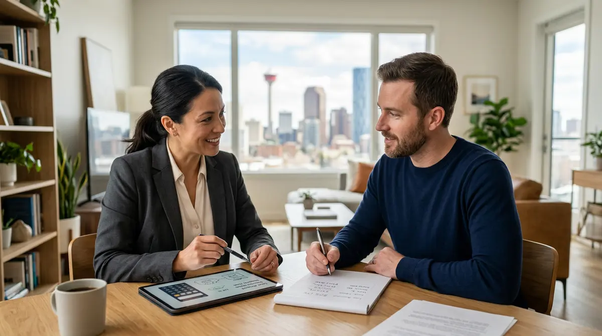 A financial advisor explaining loan-to-value calculations to a Calgary homeowner