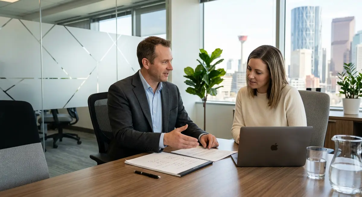 A financial advisor discussing secondary property financing terms with a Calgary homeowner in a modern office setting