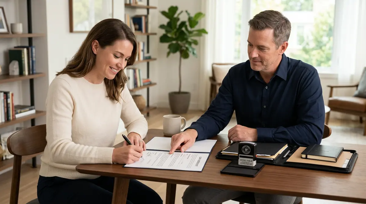 A homeowner reviewing legal documents and loan agreements with a notary public