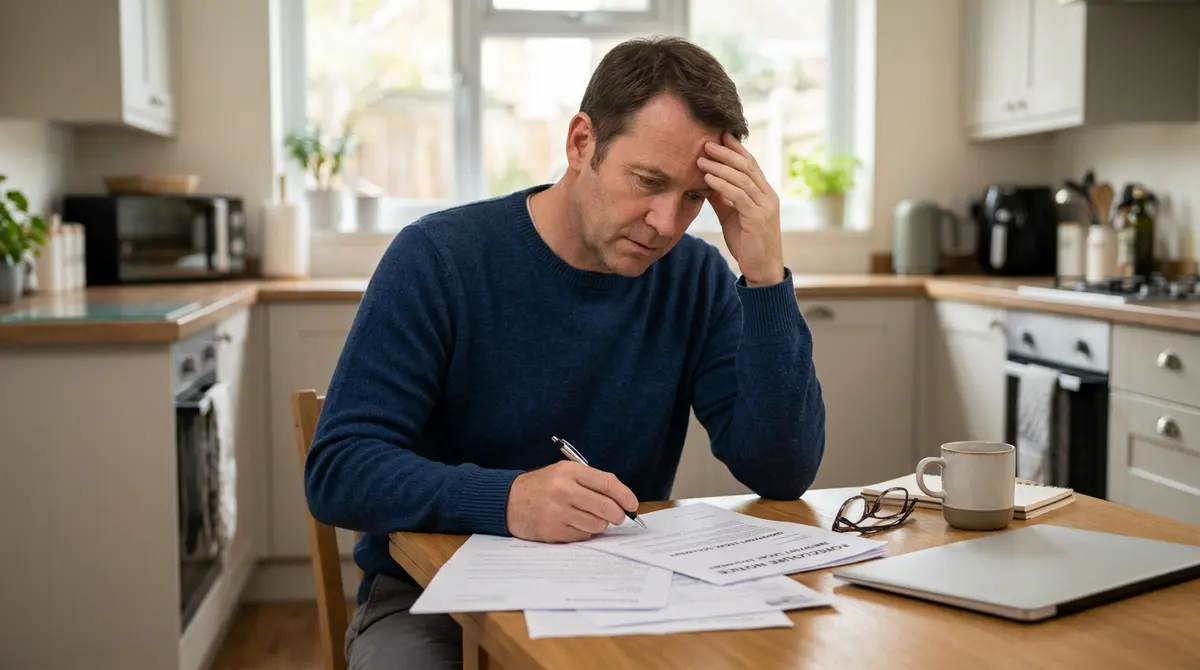 A homeowner reviewing pre-foreclosure demand letters and mortgage documents at a kitchen table