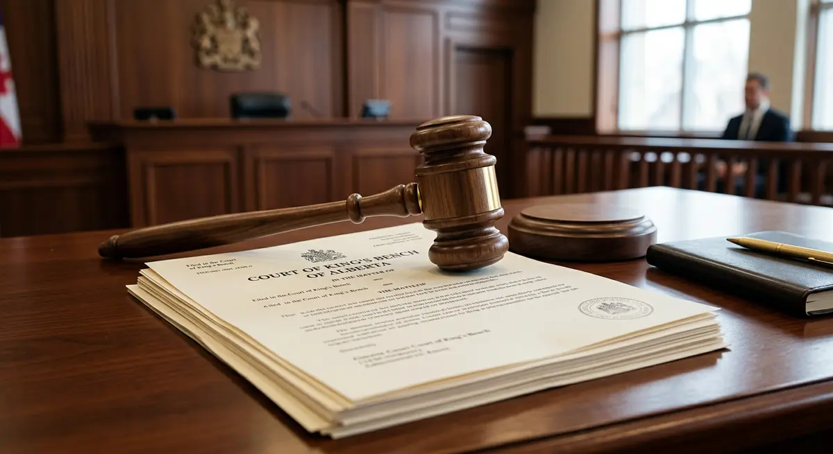 A gavel resting on Alberta Court of King's Bench legal documents