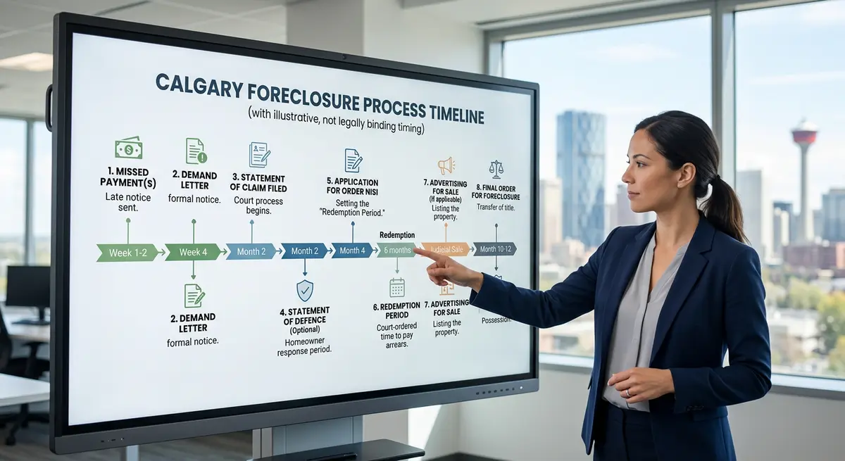 A detailed timeline chart showing the 2026 foreclosure process in Calgary Alberta from missed payment to final order