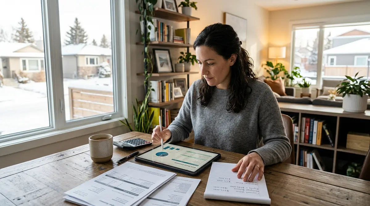 A Calgary homeowner reviewing financial documents and calculating home equity on a tablet