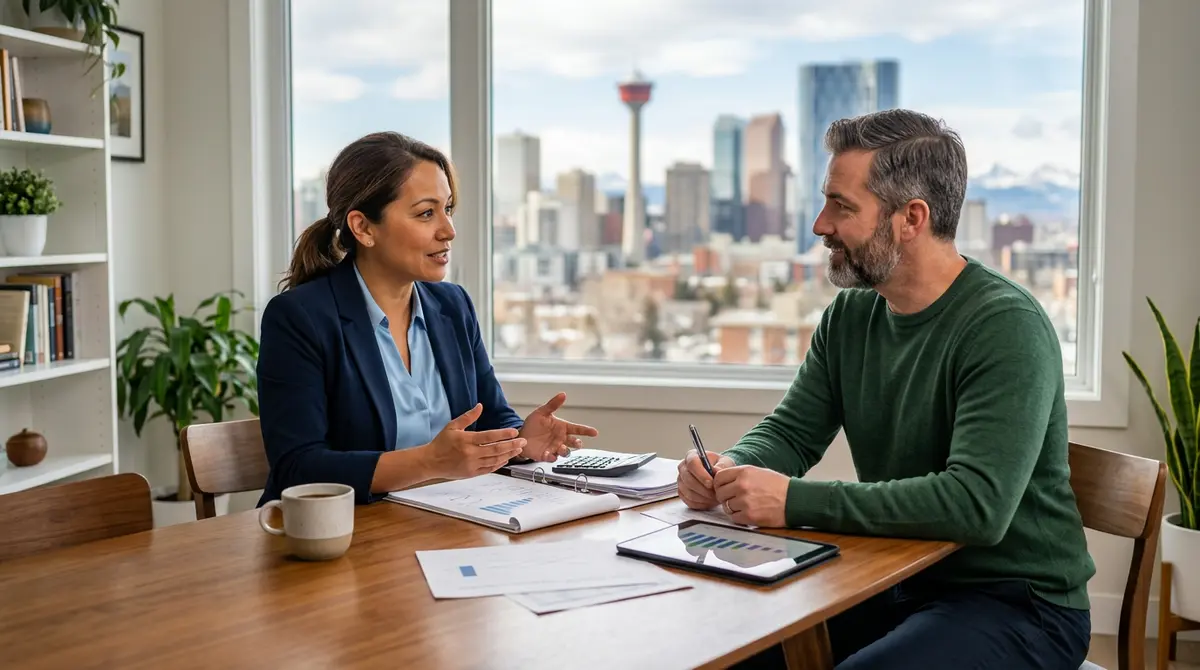 A professional financial advisor discussing debt consolidation strategies with a Calgary homeowner