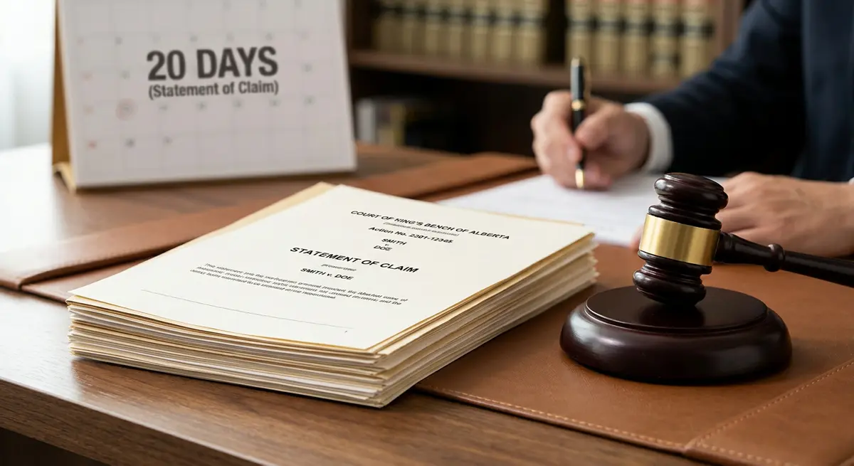 Legal documents and a gavel representing the 20-day deadline for a Statement of Claim in Alberta