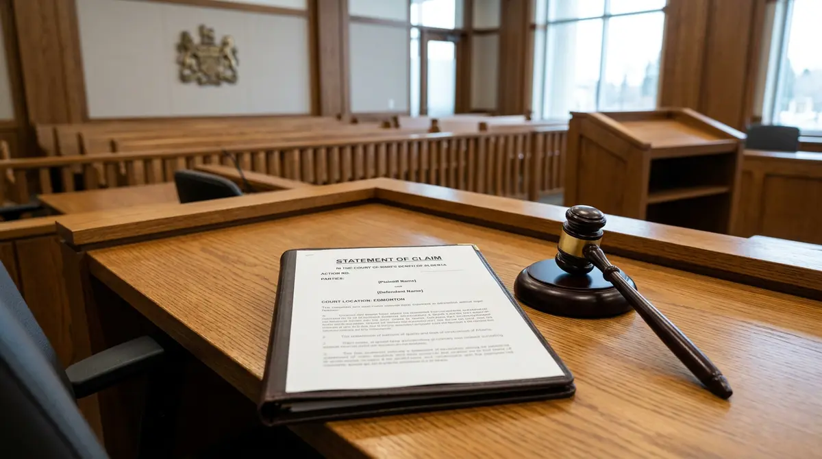 A legal document titled Statement of Claim sitting on a desk next to a judge's gavel in an Alberta courtroom
