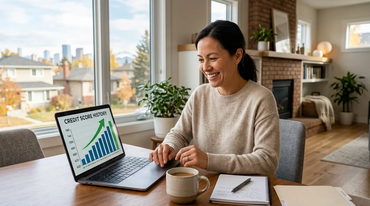 A Calgary homeowner reviewing a rising credit score chart on a laptop after successfully stopping a foreclosure