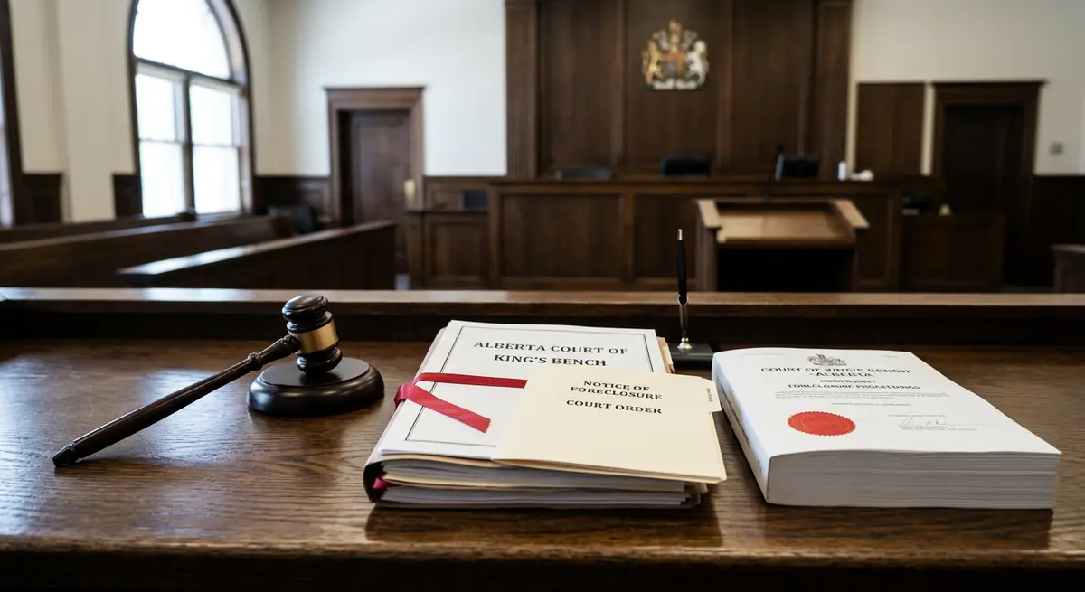 Legal documents and a gavel representing the Alberta Court of King's Bench foreclosure process