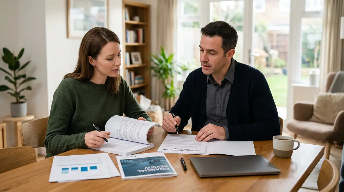 Homeowner reviewing financial documents and mortgage modification options with a consultant