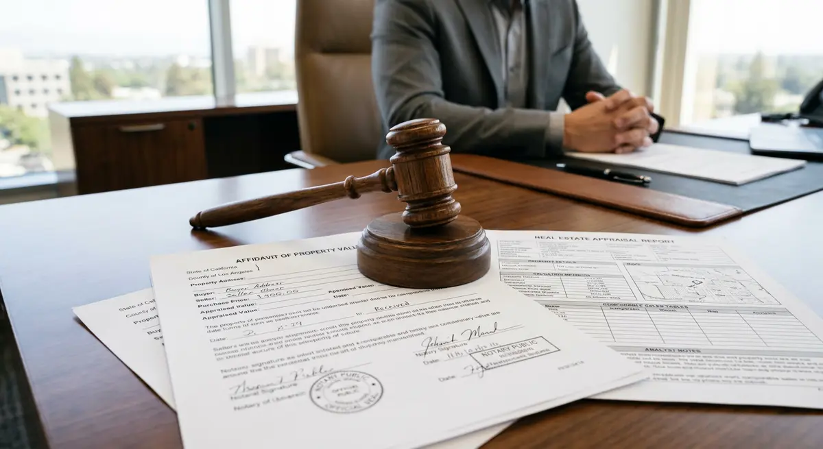 Gavel resting on real estate appraisal documents and an Affidavit of Value