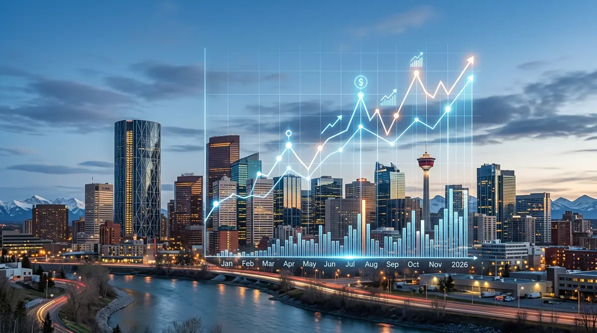 Calgary skyline with a financial chart overlay representing the 2026 mortgage market landscape