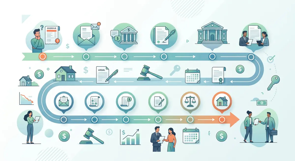 A chronological timeline chart showing the 12-month foreclosure process in Alberta from missed payment to final order