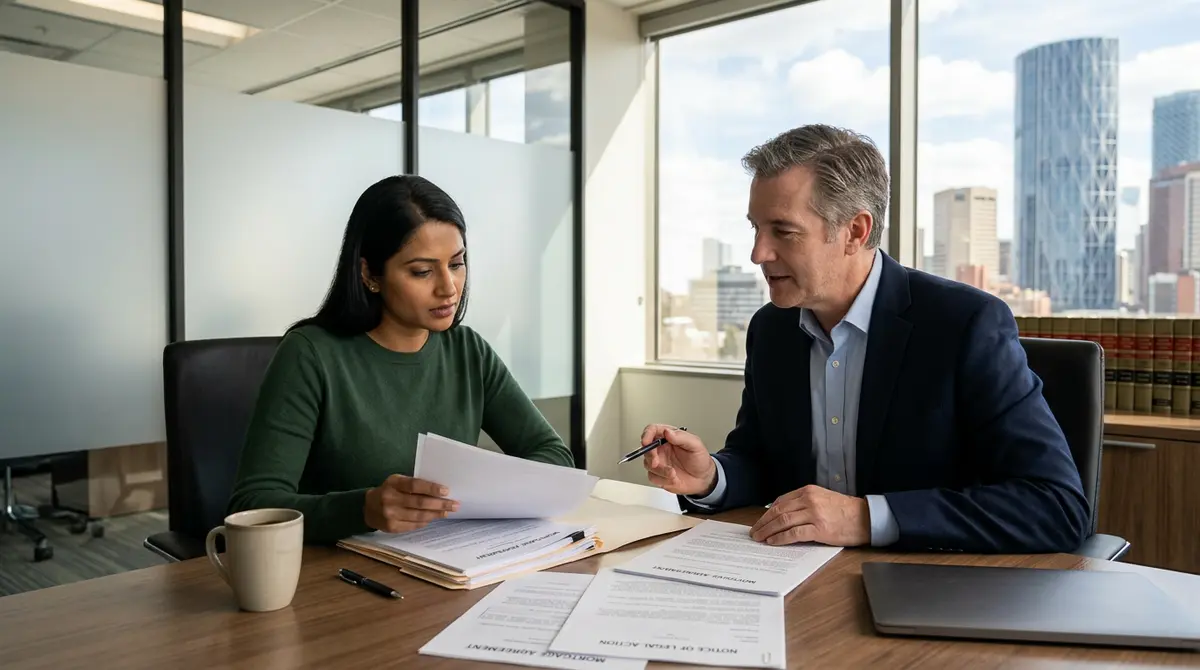 A homeowner reviewing legal documents with a foreclosure defense attorney in Calgary