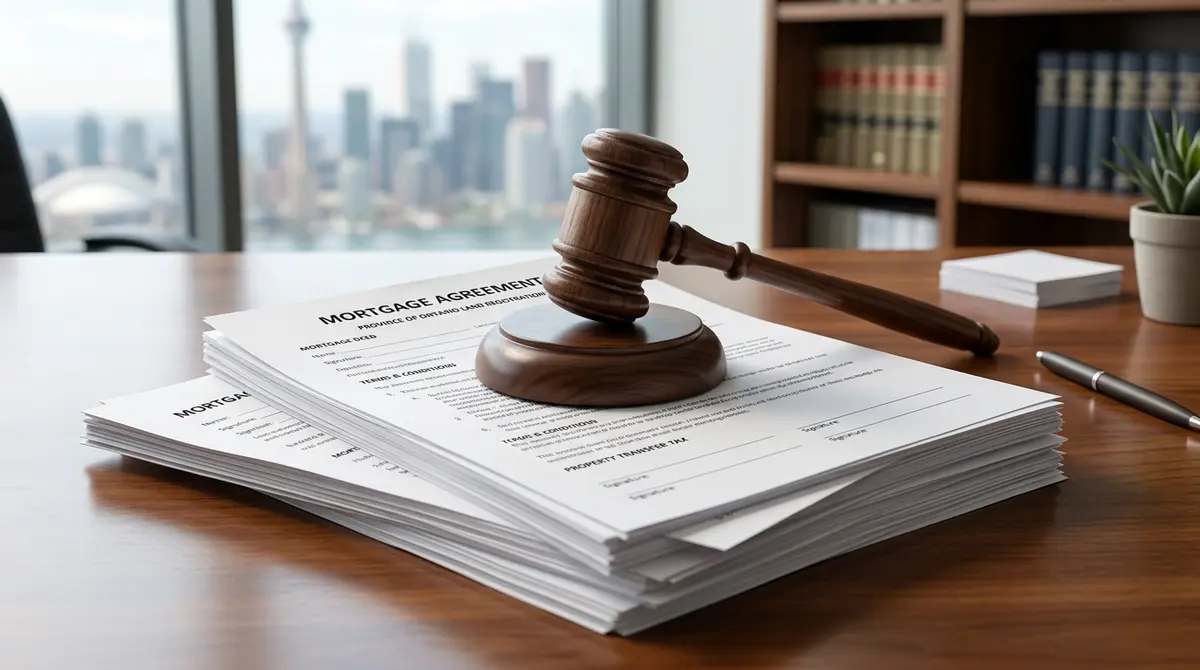A gavel resting on a stack of Canadian real estate mortgage documents